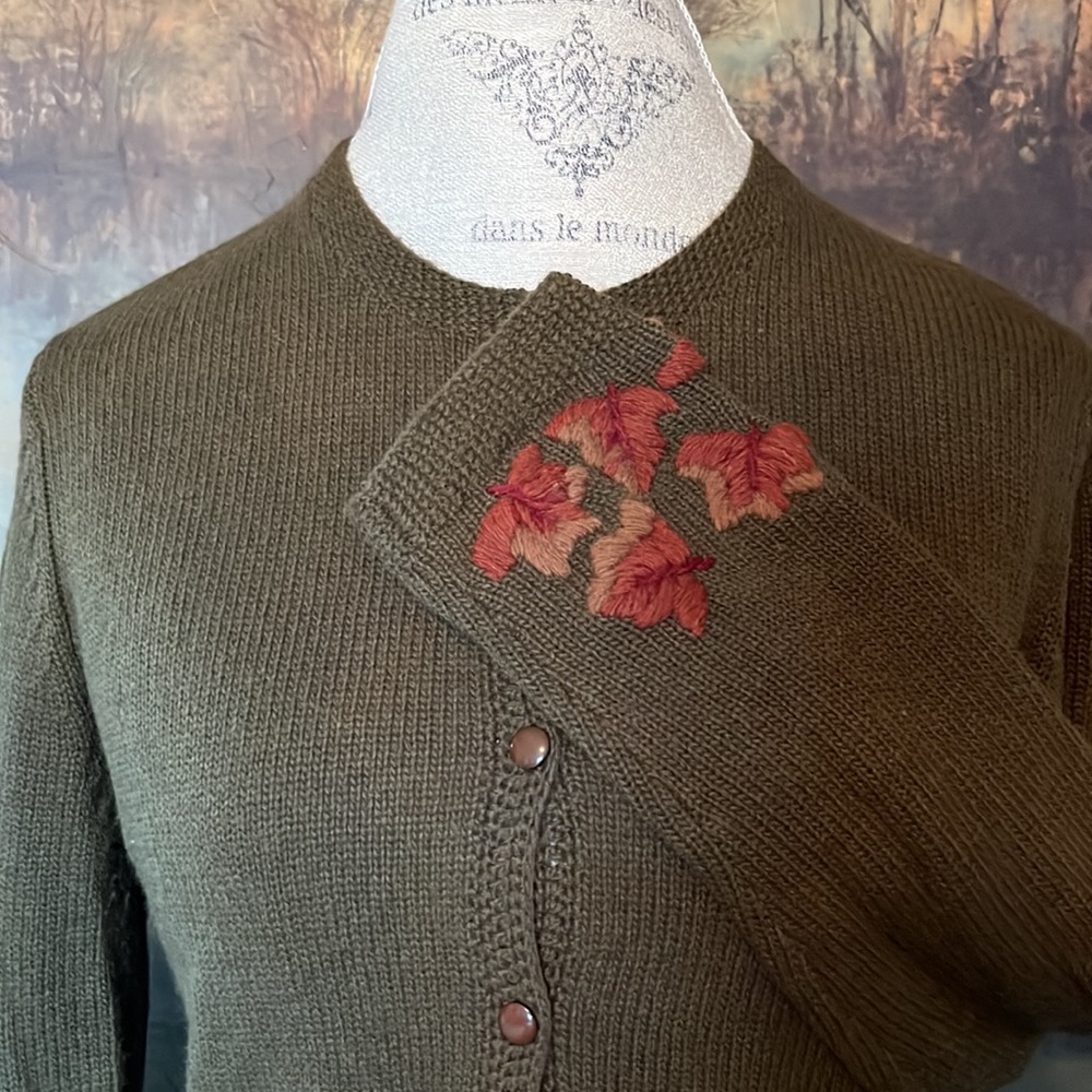 My Weekend Clothes Size M green lambswool with autumn crewel embroidery sleeve